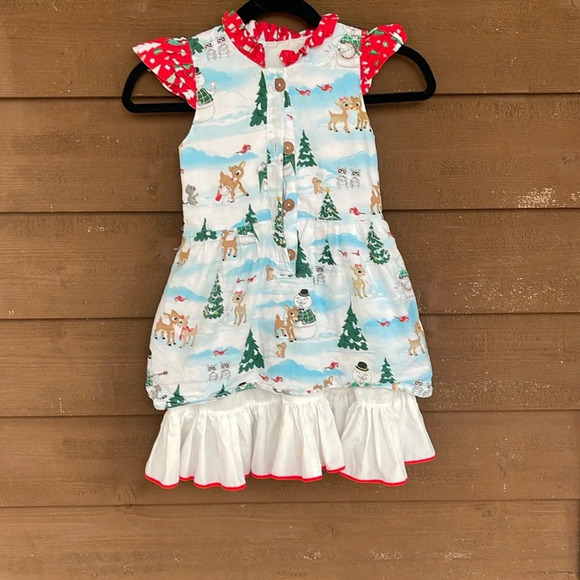 Girls, handmade red nose reindeer Christmas dress size 5 - Picture 1 of 4
